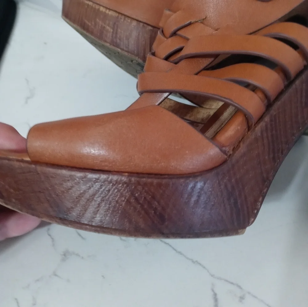 Sofft Ohana Wooden Platform camel Genuine Leather peep toe Heels 7.5